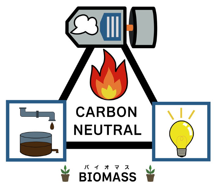 Illustration showing biomass power generation that combusts sewage to generate electricity with a turbine and generator.