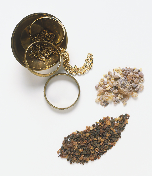 Gold, frankincense, and myrrh Gold, frankincense, and myrrh., Photo by DK IMAGES SCIENCE PHOTO LIBRARY