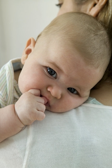 Baby boy sucking his thumb Baby boy with his head resting on woman s shoulder and sucking his thumb, close up., Photo by DK IMAGES SCIENCE PHOTO LIBRARY