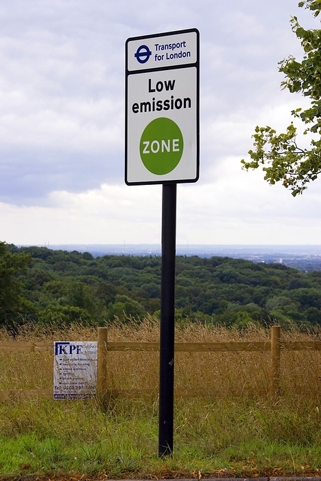 Low emission zone sign in Essex A sign in Essex, on the outskirts of Greater London, warning motorists that they are entering a low emission zone  LEZ . An ultra low emission zone  ULEZ  operates in central London. Both are designed to encourage the most polluting vehicles to avoid towns and cities., Photo by MARK WILLIAMSON SCIENCE PHOTO LIBRARY