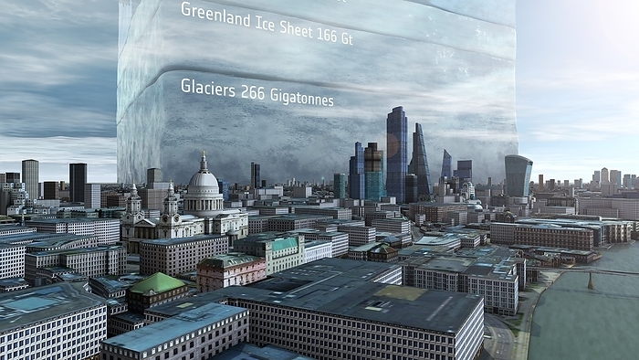 Annual ice loss compared with London, UK, illustration Illustration of annual global ice loss shown for scale against the skyline of London, UK. As the climate warms Earth is permanently losing more than a trillion tonnes of ice each year, enough for an ice cube 10 kilometres high. From a total of 1,196 gigatonnes  Gt  of ice lost each year, 266 Gt is from glaciers, 277 Gt is from the ice sheets covering Greenland and Antarctica, 284 Gt is from floating ice shelves, mainly around Antarctica, and 369 Gt is from the sea ice covering parts of the Arctic Ocean and the Southern Ocean that surrounds Antarctica. The rate of loss is increasing. Ice lost from glaciers, ice sheets and frozen land contributes to sea level rise. The loss of floating ice changes the reflectance of Earth s surface, the salinity of the oceans, and the flow of heat from ocean to atmosphere. This affects atmospheric flows such as the jet stream, increasing the frequency and severity of extreme weather. Data from ESA CCI., Photo by PLANETARY VISIONS LTD ESA SCIENCE PHOTO LIBRARY