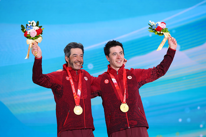 Beijing Paralympics 2022 XC Men s 12.5km Visual Impairment Podium Ceremony Brian McKeever   guide Russell Kennedy  CAN , MARCH 12, 2022   Cross Country Skiing :  Men s 12.5km Vision Impaired Medal Ceremony during the Beijing 2022 Paralympic Winter Games at Zhangjiakou Medal Plaza in Zhangjiakou, Hebei, China.  Photo by Yohei Osada AFLO SPORT 