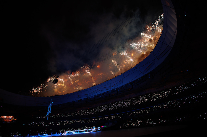 Beijing 2022 Paralympics Closing Ceremony  Courtesy photo  Fireworks spell out the word Beijing around the edge of the Beijing National Stadium during the Closing Ceremony at the National Stadium. Beijing 2022 Winter Paralympic Games, Beijing, China, Sunday 13 March 2022. Photo: OIS Chloe Knott. Handout image supplied by OIS IOC.  COPYRIGHT OF OLYMPIC INFORMATION SERVICES. COMMERCIAL USE IS PROHIBITED.