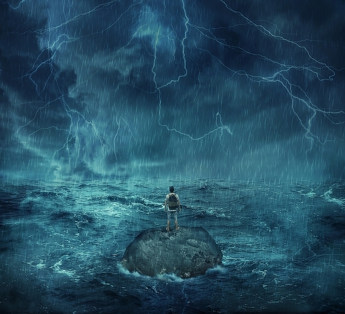 Lost man standing abandoned on a rock island in middle of the ocean, in a stormy night with lightnings in the sky. Looking for help, trying to survive. Adventure, journey and hard determination concept, Photo by PsychoShadow