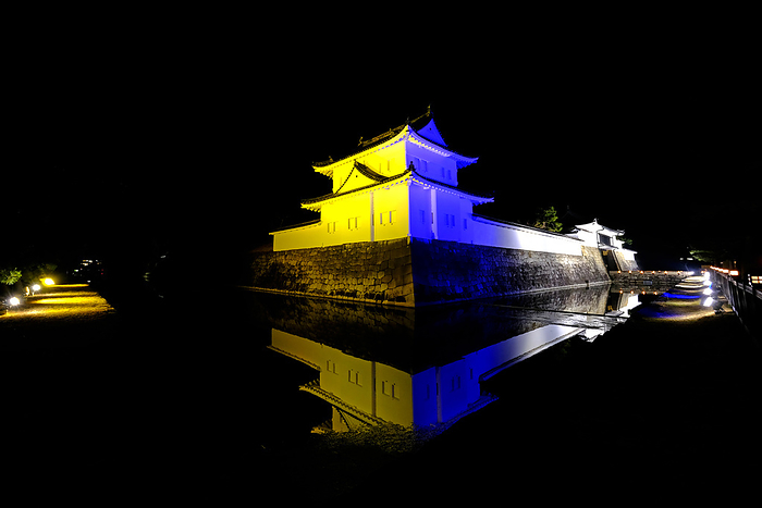 Solidarity with Ukraine World heritage site Nijo Castle is illuminated in the colors of the Ukrainian flag in Kyoto Prefecture, western Japan on March 11, 2022, following the Russian invasion of Ukraine.  Photo by Takahiro Sanda AFLO 