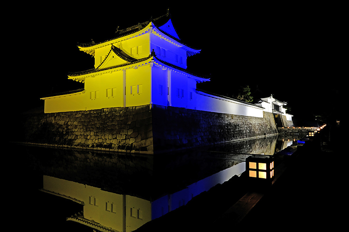Solidarity with Ukraine World heritage site Nijo Castle is illuminated in the colors of the Ukrainian flag in Kyoto Prefecture, western Japan on March 11, 2022, following the Russian invasion of Ukraine.  Photo by Takahiro Sanda AFLO 