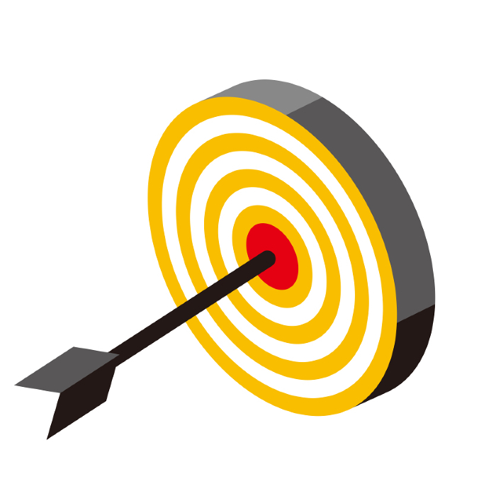 Illustration of a three-dimensional target and arrow, icon. Marketing image illustration. Darts, archery.