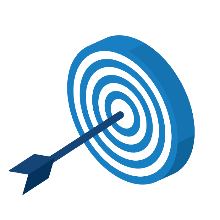 Illustration of a three-dimensional target and arrow, icon. Marketing image illustration. Darts, archery.