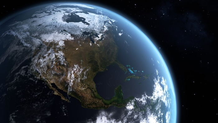 3D illustration of the Earth, with a focus on North America, as seen from space