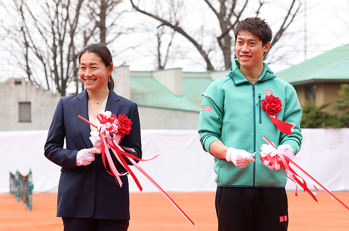 Completed the first outdoor red clay court in Japan March 26, 2022, Tokyo, Japan   Japan s tennis star Kei Nishikori  R  and legendary female tennis player Kimiko Date  L  attend the opening ceremony of the red clay tennis courts which use surface soil of France s Roland Garros stadium in Tokyo on Saturday, March 26, 2022. Japan s Dai ichi Life Insurance company remodeled the company s tennis courts to Japan s first outdoor red clay courts as a part of Japan Tennis Association s training program for the young tennis players.    Photo by Yoshio Tsunoda AFLO  