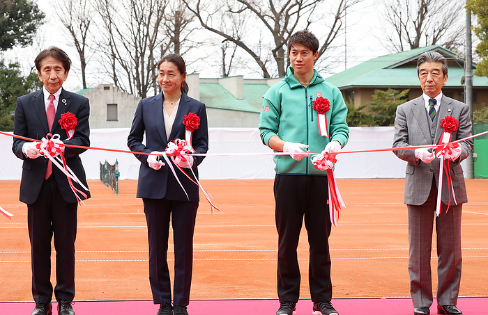 Completed the first outdoor red clay court in Japan March 26, 2022, Tokyo, Japan    R L  Japan Tennis Association president Kenichiro Yamanishi, tennis star Kei Nishikori, legendary female tennis player Kimiko Date and Dai ichi Life Insurance managing executive officer Munehiro Uryu attend the opening ceremony of the red clay tennis courts which use surface soil of France s Roland Garros stadium in Tokyo on Saturday, March 26, 2022. Japan s Dai ichi Life Insurance company remodeled the company s tennis courts to Japan s first outdoor red clay courts as a part of Japan Tennis Association s training program for the young tennis players.    Photo by Yoshio Tsunoda AFLO  