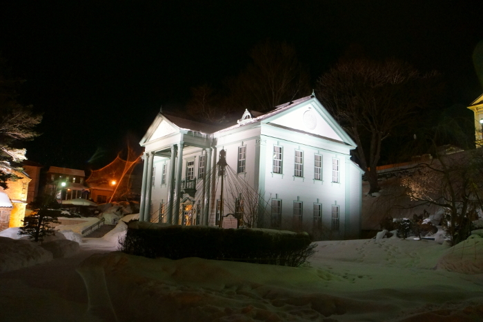 Former Hokkaido Government Hakodate Branch Office Building lit up with snow