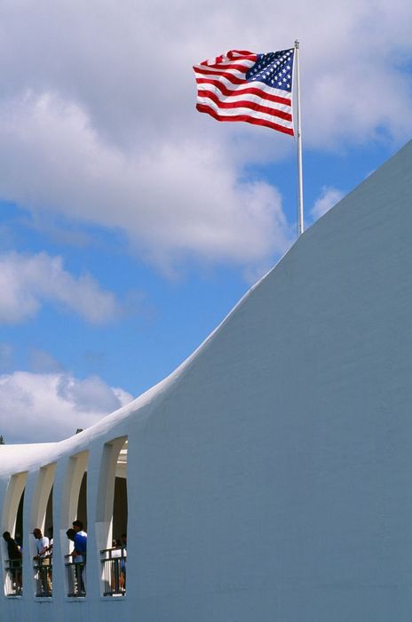 Hawaii Arizona Memorial Museum Hawaii, Oahu, Pearl Harbor, closeup exterior of USS Arizona Memorial building.