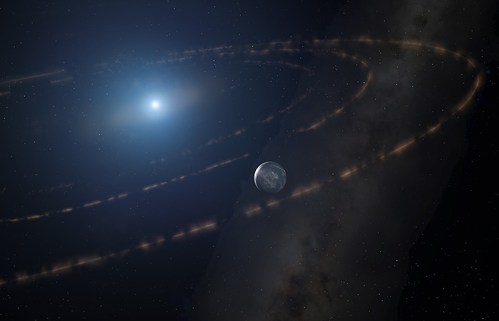 Transits of the white dwarf WD1054 226 The white dwarf WD1054 226 exhibits a constant stream of transits by debris and or dust in orbit about it, with an underlying period of 25.02 hours. Astronomers believe that the material orbits within the star s habitable zone, where the temperature 323K. There is a transit roughly every 23.1 min, each of which repeats nearly exactly 25.02 hours later, implying there are 65 evenly space segments. This cannot happen without external influence, and one idea is a nearby, planet within the habitable zone causing  resonant trapping  of these transiting structures., by MARK GARLICK SCIENCE PHOTO LIBRARY