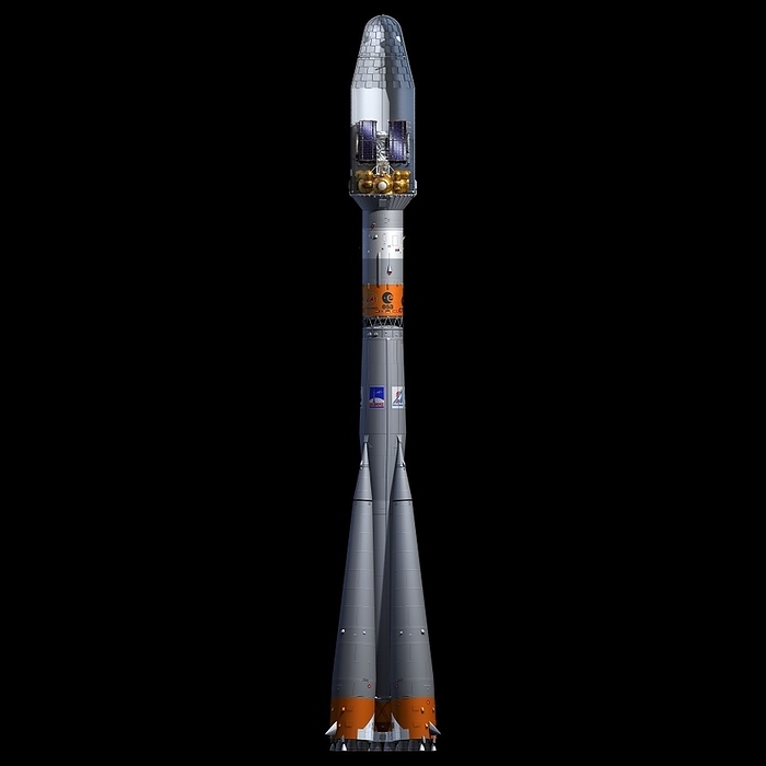 Soyuz rocket, illustration Cutaway view of the Galileo 27 and 28 satellites inside a Soyuz rocket. The satellites were launched from Europe s spaceport in French Guiana on the 4th of December 2021., by EUROPEAN SPACE AGENCY  P. Carril SCIENCE PHOTO LIBRARY