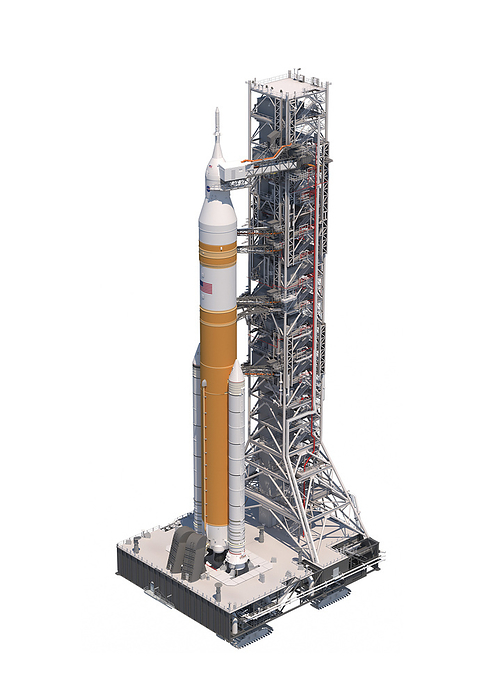 Space Launch System Crew variant on launchpad, illustration Illustration of the Space Launch System  SLS  Block 1B Crew variant on its mobile launcher. The SLS is the most powerful rocket NASA has ever built. It is designed to launch astronauts to the Moon and eventually Mars and beyond. The crew will be carried in the Orion spacecraft, which sits atop this rocket. The first SLS mission will be Artemis I, which is scheduled to launch in March 2022. Artemis I will send an uncrewed Orion spacecraft around the Moon and return it to Earth., by NASA SCIENCE PHOTO LIBRARY