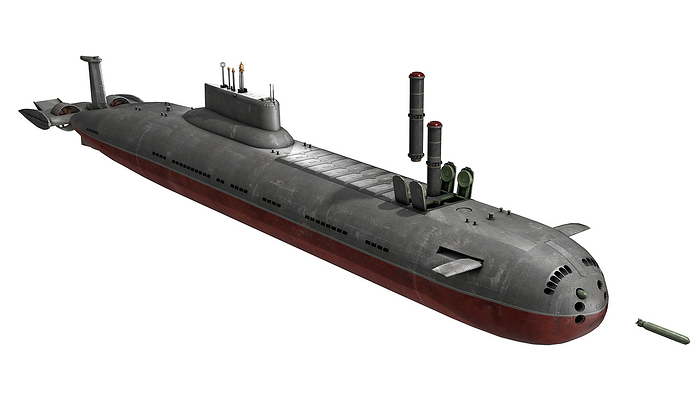 Russian Typhoon Class submarine, illustration Illustration of a Russian Typhoon Class submarine. Also known as the Project 941 Akula, this vessel is a class of nuclear powered ballistic missile submarines built by the Soviet Navy. It is the world s largest class of submarine to be built  measuring 171 metres in length and weighing 33,800 ton. Typhoon Class submarines have been in service since 1981. They can be are armed with up to 20 multiple warhead SS N 20 missiles  centre . The vessels also have the capability to fire torpedoes and smaller tactical missiles  bottom right . Currently, only one Typhoon Class submarine, the TK 208 Dmitry Donskoy, remains active., by CLAUS LUNAU SCIENCE PHOTO LIBRARY