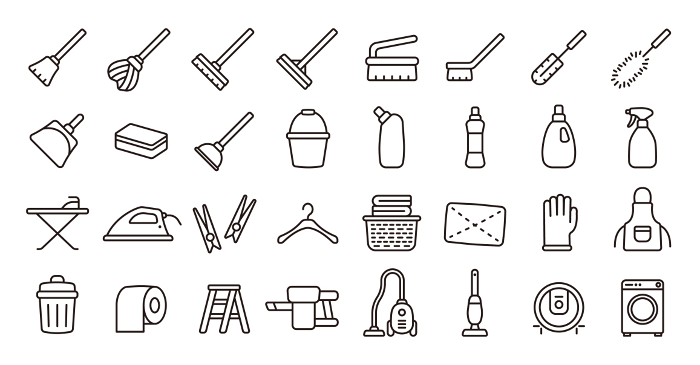 Icon set of housekeeping and cleaning tools (thin line version)