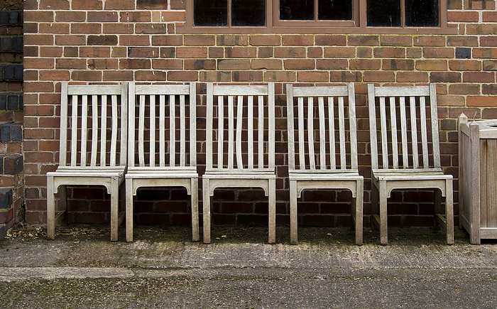 Chairs, Boscobel House, Boscobel, Shropshire, 2010. Creator: Peter Williams. Chairs, Boscobel House, Boscobel, Shropshire, 2010. General view of five wooden chairs against a wall in the grounds of Boscobel House.
