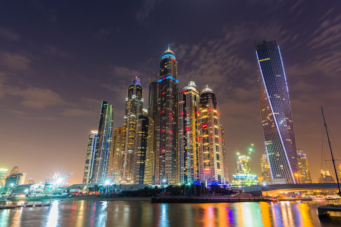 Night view of skyscrapers in Dubai, UAE