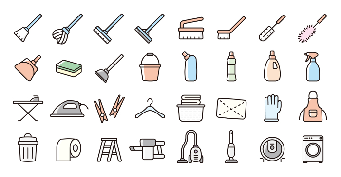 Icon set of housekeeping and cleaning tools (fine line color version)