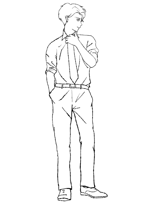 Manga-style hand-drawn watercolor illustration (line drawing) of a smiling man with his arms rolled up and his hand on his necktie.