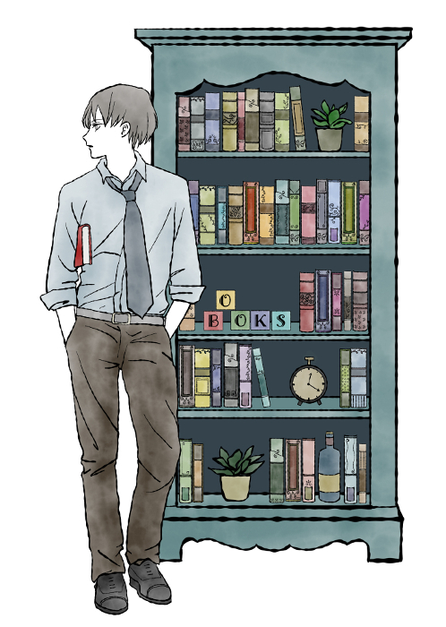 Hand-drawn watercolor illustration in classical colors of a bookshelf lined with antique books and a man standing holding a book.