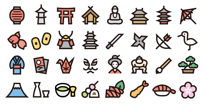 Japanese traditional culture icon set (bold color version)