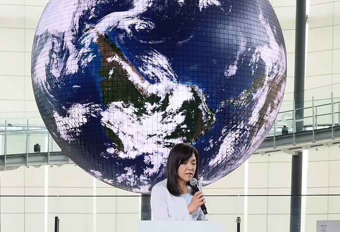 Miraikan s  Geo Cosmos  renewed April 19, 2022, Tokyo, Japan   Japan s National Museum of Emerging Science and Innovation  Miraikan  chief executive director Chieko Asakawa delivers a speech at the lighting up ceremony of the renewed large spherical display Geo Cosmos which displays weather conditions on the earth at the Miraikan in Tokyo on Tuesday, April 19, 2022. Geo Cosmos, 6 meter diameter with 10,362 LED panels on its surface will be opened for public from April 20.      Photo by Yoshio Tsunoda AFLO  