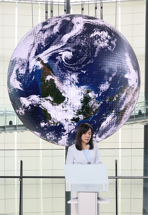 Miraikan s  Geo Cosmos  renewed April 19, 2022, Tokyo, Japan   Japan s National Museum of Emerging Science and Innovation  Miraikan  chief executive director Chieko Asakawa attends the lighting up ceremony of the renewed large spherical display Geo Cosmos which displays weather conditions on the earth at the Miraikan in Tokyo on Tuesday, April 19, 2022. Geo Cosmos, 6 meter diameter with 10,362 LED panels on its surface will be opened for public from April 20.      Photo by Yoshio Tsunoda AFLO  
