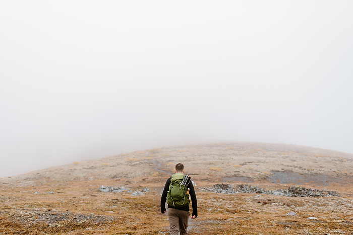 Canada, Yukon, Whitehorse, Rear view of man hiking in foggy landscape Canada, Yukon, Whitehorse, Rear view of man hiking in foggy landscape