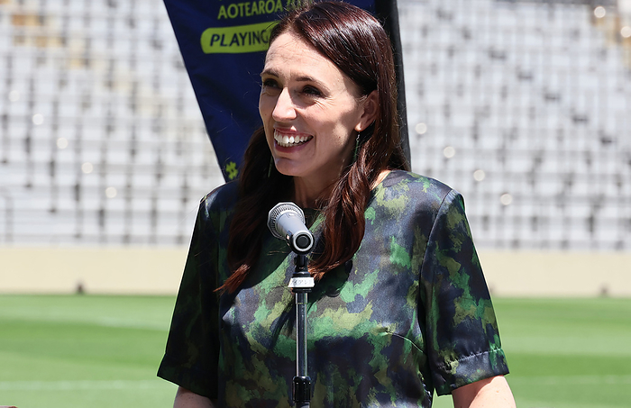 New Zealand Prime Minister Jacinda Ardern at an event for the Rugby World Cup held in New Zealand this year April 22, 2022, Tokyo, Japan   Visiting New Zealand Prime Minister Jacinda Ardern delivers a speech for the promotion of the Rugby World Cup which will be held in New Zealand this October at the Prince Chichibu memorial rugby stadium in Tokyo on Friday, April 22, 2022.      Photo by Yoshio Tsunoda AFLO  