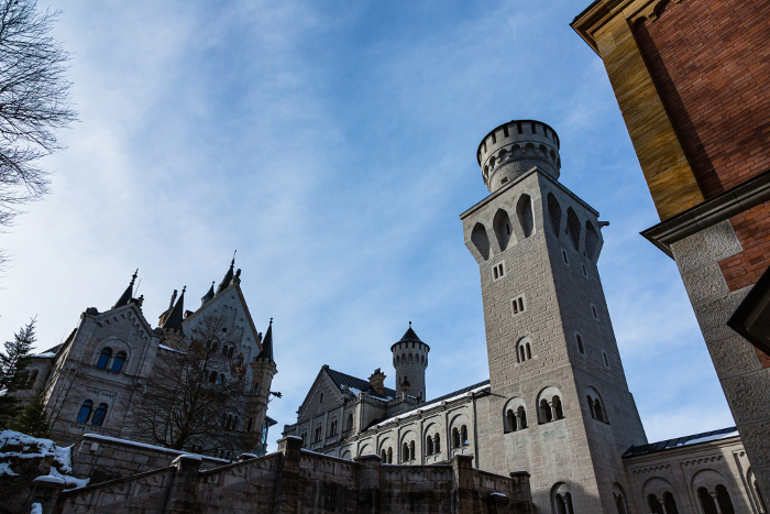 Tower and main castle looking up from the courtyard of Neuschwanstein Castle, Germany