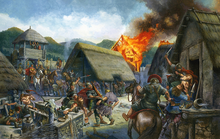 Roman soldiers raiding a barbarian settlement, illustration Illustration of Roman soldiers raiding a barbarian settlement., by CHRISTIAN JEGOU SCIENCE PHOTO LIBRARY