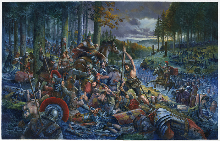 Battle of the Teutoburg Forest, illustration Illustration of the Battle of Teutoburg forest, Germany in September 9 AD. Roman legions were ambushed by Germanic forces led by Publius Quinctilius Varus. The Roman empire were defeated by the Germanic forces and this battle discouraged Romans from conquering Germanic territories., by CHRISTIAN JEGOU SCIENCE PHOTO LIBRARY