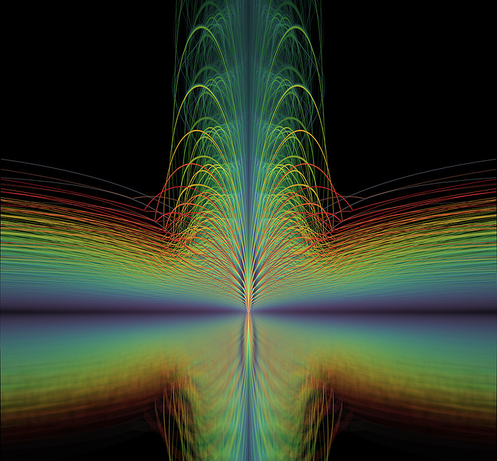 Quantum entanglement or gravity waves. Gravity Waves and quantum entanglement abstract illustration. In physics, gravitational waves are ripples in the curvature of spacetime that propagate as waves travelling outward from the source. Predicted to exist by Albert Einstein in 1915 on the basis of his theory of general relativity, gravitational waves theoretically transport energy as gravitational radiation. Quantum entanglement or plasma network hub conceptual image. Fractal illustration suggesting swirling filaments in the image suggest the concept of a quantum entanglement, a quantum computer or a multi layered matrix., by DAVID PARKER SCIENCE PHOTO LIBRARY
