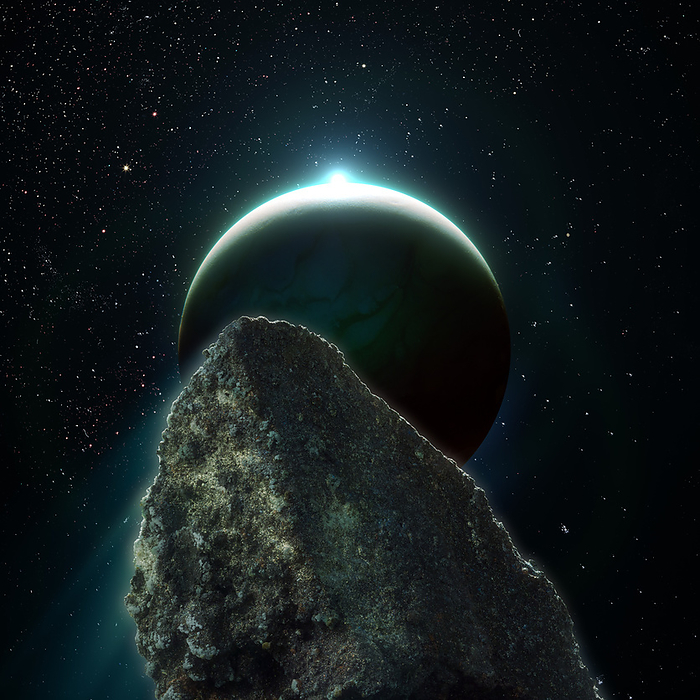 Exoplanet with star and large asteroid, composite image Exoplanet with star and large asteroid. Composite image of a miniature model exoplanet with an illustrated background., by ADAM MAKARENKO   SCIENCE PHOTO LIBRARY