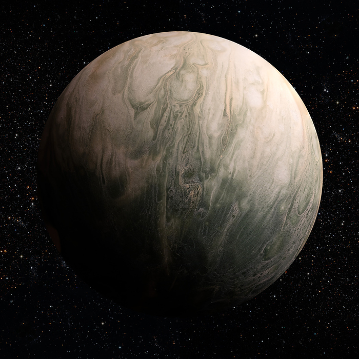 Gas giant exoplanet, composite image Gas giant exoplanet. Composite image of a miniature model exoplanet with an illustrated background., by ADAM MAKARENKO   SCIENCE PHOTO LIBRARY