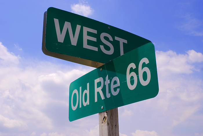 Old Route 66 signs A tourist sign on Route 66, a historic highway that runs from Chicago, Illinois, to Santa Monica, California, USA. The sign indicates that drivers are heading west  the other side of the sign reads  east ., by MARK WILLIAMSON SCIENCE PHOTO LIBRARY