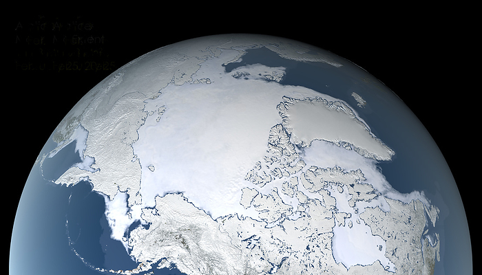 Arctic sea ice maximum, February 2021 Arctic sea ice maximum, 25th February 2021, satellite image. The Arctic sea ice  white  reaches a maximum around late February early March, at the end of the Arctic winter. This maximum extent for 2021 covered 14.88 million square kilometres. This is the third earliest maximum extent. The Arctic sea ice maximum extent has dropped by an average of 2.8 percent per decade since 1979. The sea ice data for this image is from the AMSR2  Advanced Microwave Scanning Radiometer 2  sensor on the Japanese Shizuku satellite., by NASA s Scientific Visualization Studio GSFC JAXA  SCIENCE PHOTO LIBRARY