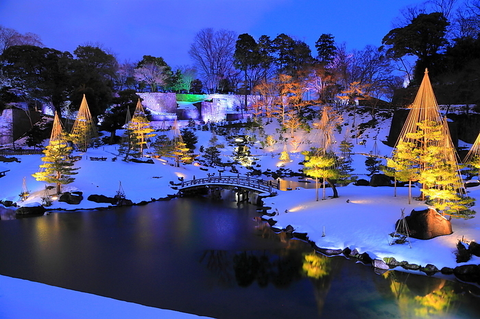 Evening view of Gyokusenin-maru Garden in snowy Kanazawa Castle Park Kanazawa City, Ishikawa Prefecture