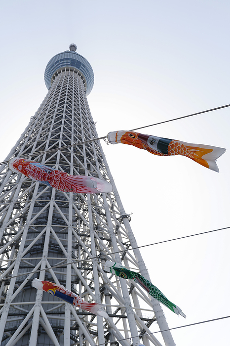 Golden Week holidays in Tokyo Koinobori  carp shaped windsocks or streamers  for celebrating Children s Day on display outside Tokyo Skytree on May 4, 2022, in Tokyo, Japan. Visitors wearing face masks gather to see the colorful carp shaped streamers during the Golden Week holidays. In Japan, Children s day is a national holiday celebrated on May 5.  Photo by Rodrigo Reyes Marin AFLO 