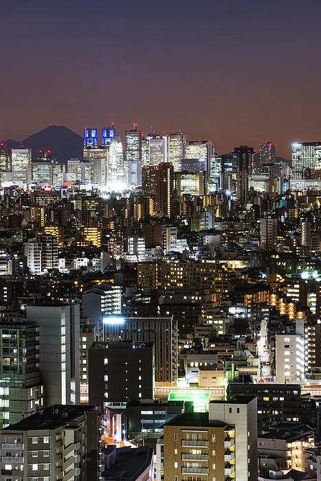 Tokyo Night view of Mt. Fuji and skyscrapers in Shinjuku