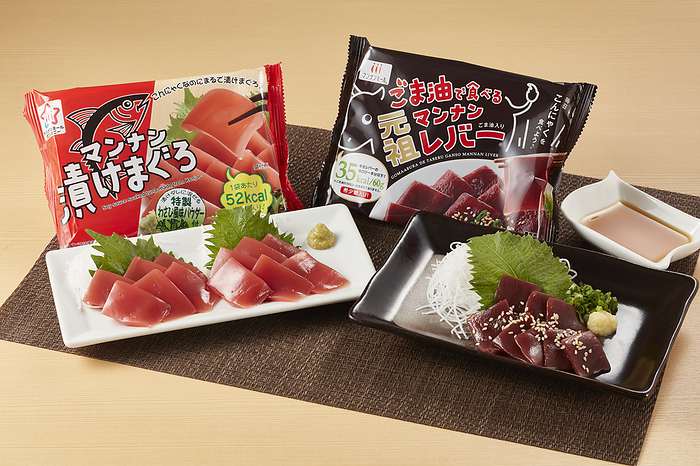 Alternative food Mannan Tuna pickled in soy sauce and Mannan liver eaten with sesame oil are HAISKY FOODS Corporation s Konjac foods in Tokyo, Japan on March 28, 2022.  Photo by Hideki Yoshihara AFLO 