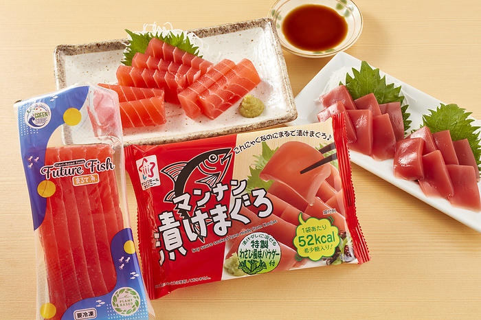 Alternative food Plant based Tuna of Plant based Fish  Future Fish  Series is Azuma Foods Co., Ltd. s food, and Mannan Tuna pickled in soy sauce is HAISKY FOODS Corporation s Konjac food in Tokyo, Japan on March 28, 2022.  Photo by Hideki Yoshihara AFLO 