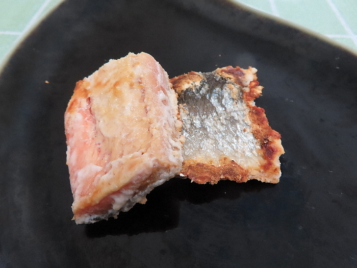 Bodakko, cut into squares in the Akita style and whitened by the salt that came out of the surface after heating Bodakko, cut into squares in Akita style and whitened by salt from the surface after heating, in Akita City, April 28, 2022  photo by Tetsu Kudo.