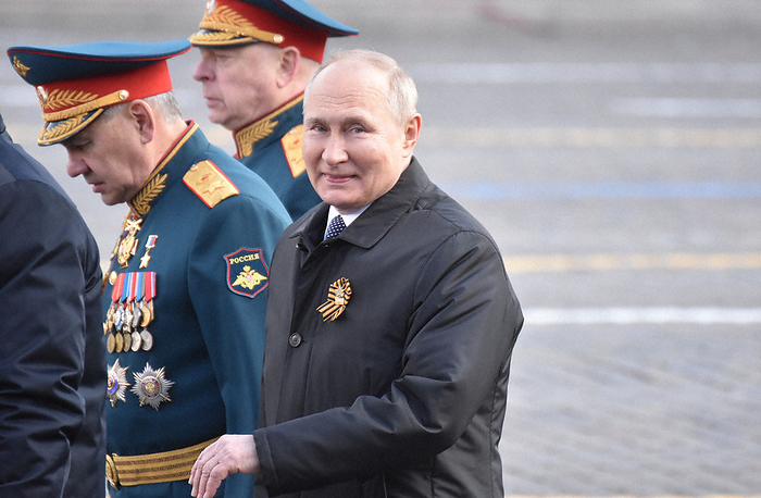 Military parade in Moscow on the 77th anniversary of the victory over Russia and Germany Russian President Vladimir Putin  far right  leaves Red Square after inspecting a military parade, in Moscow, May 9, 2022.