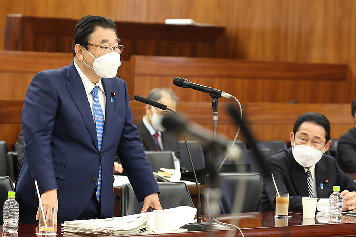 Japanese Prime Minister Fumio Kishida attends Upper House s health, labor and welfare committee session May 12, 2022, Tokyo, Japan   Japanese Health, Labor and Welfare Minister Shigeyuki Goto  L  answers a question while Prime Minister Fumio Kishida  R  looks on at Upper House s health, labor and welfare committee session at the national Diet in Tokyo on Thursday, May 12, 2022. Kishida said that wearing face masks outdoors is not necessary if social distancing maintained.   Photo by Yoshio Tsunoda AFLO 