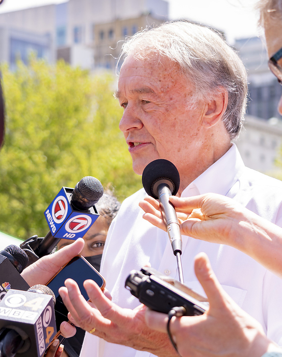 Abortion rights rally in Boston May 14, 2022, Boston Common, Boston, Massachusetts USA: Sen. Ed Markey  D Mass.  talks with the press before an abortion rights protest on Boston Common in Boston. Demonstrators for anti abortion ban are rallying across the country in the face of an anticipated Supreme Court decision that could overturn the right to an abortion ban. Demonstrators for anti abortion ban are rallying across the country in the face of an anticipated Supreme Court decision that could overturn an abortion. 