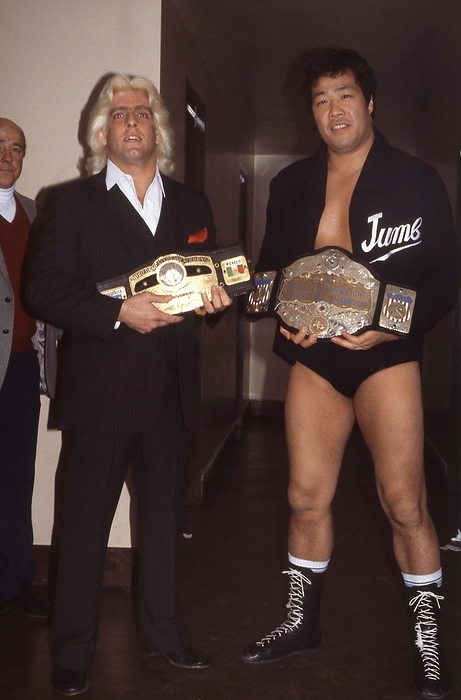 1984 Flair and Jumbo Tsuruta March 10, 1984. NWA World Heavyweight Ric Flair and AWA World Heavyweight Jumbo Tsuruta, St. Louis, Missouri, U.S.A., Kiel Auditorium, St. Louis, Missouri, U.S.A.